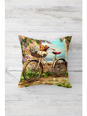 Pelangi Yaz Temalı Bisiklet Desenli Çift Tarafı Baskılı Gizli Fermuarlı Yastık Kılıfı Kırlent Yastık Kılıfı