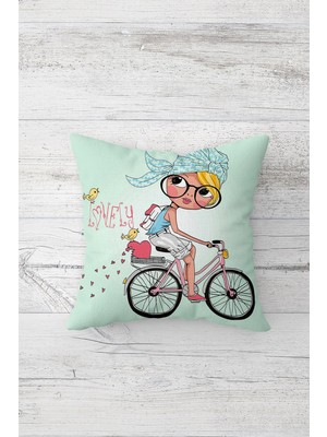 Pelangi Bisikletli Kız Çift Tarafı Baskılı Gizli Fermuarlı Yastık Kılıfı Kırlent Koltuk Yastık Kılıfı