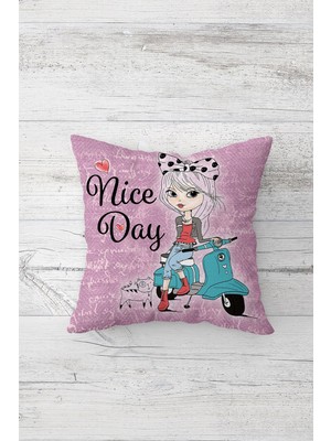 Pelangi Nice Day Motorco Kız Çift Tarafı Baskılı Gizli Fermuarlı Yastık Kılıfı Kırlent Koltuk Yastık Kılıfı