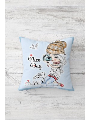 Pelangi Fotografcı Kız Çift Tarafı Baskılı Gizli Fermuarlı Yastık Kılıfı Kırlent Koltuk Yastık Kılıfı