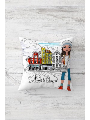 Pelangi Amsterdam Çift Tarafı Baskılı Gizli Fermuarlı Yastık Kılıfı Kırlent Koltuk Yastık Kılıfı