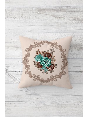 Pelangi Turkuaz Çiçek Desen Çift Tarafı Baskılı Gizli Fermuarlı Yastık Kılıfı Kırlent Koltuk Yastık Kılıfı