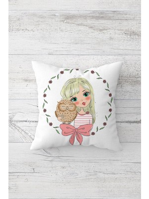 Pelangi Baykuşlu Kız Çift Tarafı Baskılı Gizli Fermuarlı Yastık Kılıfı Kırlent Koltuk Yastık Kılıfı