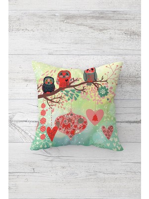 Pelangi Baykuş Desenli Çift Tarafı Baskılı Gizli Fermuarlı Yastık Kılıfı Kırlent Koltuk Yastık Kılıfı