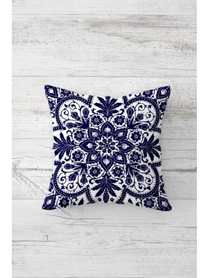 Pelangi Koyu Çini Desenli Çift Tarafı Baskılı Gizli Fermuarlı Yastık Kılıfı Kırlent Koltuk Yastık Kılıfı