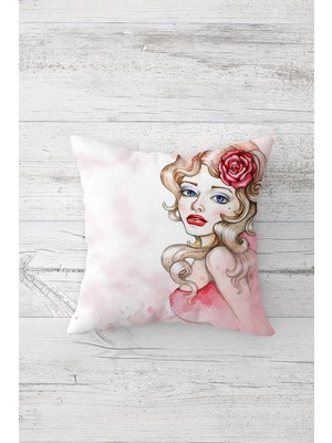 Pelangi Güllü Kız Desenli Çift Tarafı Baskılı Gizli Fermuarlı Yastık Kılıfı Kırlent Koltuk Yastık Kılıfı
