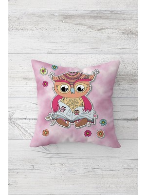 Pelangi Baykuş Desenli Çift Tarafı Baskılı Gizli Fermuarlı Yastık Kılıfı Kırlent Koltuk Yastık Kılıfı