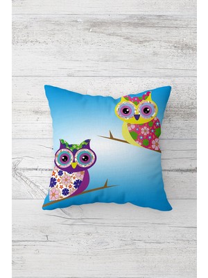 Pelangi Mor ve Sarı Baykuş Çift Tarafı Baskılı Gizli Fermuarlı Yastık Kılıfı Kırlent Koltuk Yastık Kılıfı