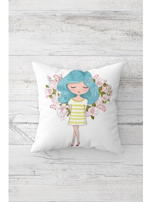 Pelangi Çiçekli Genç Kız Çift Tarafı Baskılı Gizli Fermuarlı Yastık Kılıfı Kırlent Koltuk Yastık Kılıfı