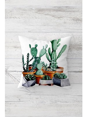 Pelangi Sevimli Kaktüs Desenli Çift Tarafı Baskılı Gizli Fermuarlı Yastık Kılıfı Kırlent Koltuk Yastık Kılıf