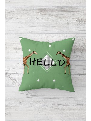 Pelangi Hello Yazılı Zürafalı Çift Tarafı Baskılı Gizli Fermuarlı Yastık Kılıfı Kırlent Koltuk Yastık Kılıfı