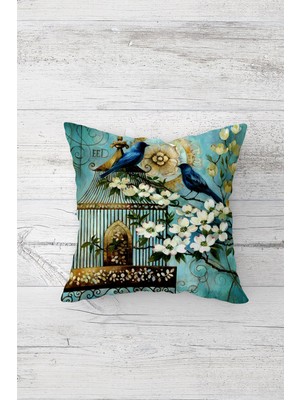 Pelangi Vintage Kafesli Çiçekli Kuşlu Çift Taraflı Gizli Fermuar Yastık Kılıfı Kırlent Koltuk Yastık Kılıfı