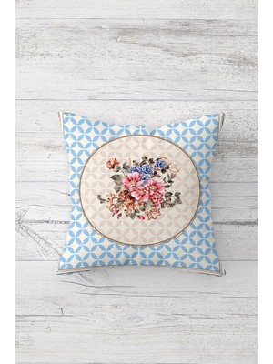 Pelangi Mavi Karolu Çiçekli Çift Tarafı Baskılı Gizli Fermuarlı Yastık Kılıfı Kırlent Koltuk Yastık Kılıfı