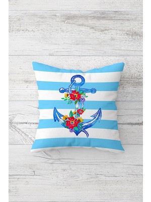 Pelangi Çiçekli Marin Temalı Çift Tarafı Baskılı Gizli Fermuarlı Yastık Kılıfı Kırlent Koltuk Yastık Kılıfı