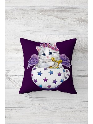 Pelangi Fincanda Sevimli Kedi Çift Tarafı Baskılı Gizli Fermuarlı Yastık Kılıfı Kırlent Koltuk Yastık Kılıfı