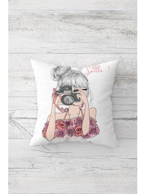 Pelangi Fotoğraf Çeken Kız Çift Tarafı Baskılı Gizli Fermuarlı Yastık Kılıfı Kırlent Koltuk Yastık Kılıfı
