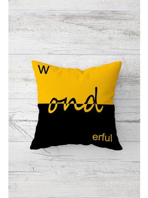 Pelangi Wonderful Yazılı Sarı Siyah Çift Tarafı Baskılı Gizli Fermuarlı Kırlent Koltuk Yastık Kılıfı