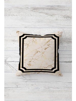 Pelangi Siyah Çerçeveli Bej Mermer Desen Çift Tarafı Baskılı Gizli Fermuarlı Kırlent Koltuk Yastık Kılıfı