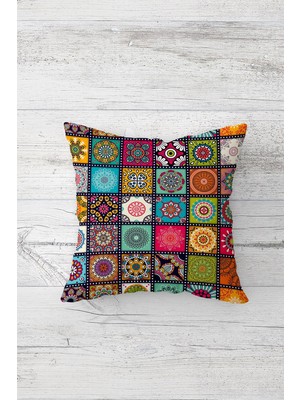Pelangi Etnik Motifli Mandala Desenli Çift Tarafı Baskılı Gizli Fermuarlı Kırlent Koltuk Yastık Kılıfı