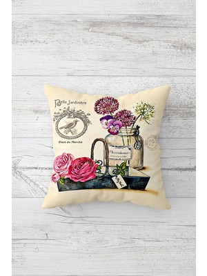 Pelangi Vintage Çiçek Buketli Çift Tarafı Baskılı Gizli Fermuarlı Yastık Kılıfı Kırlent Koltuk Yastık Kılıfı