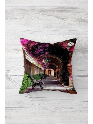 Pelangi Çiçekli Yol Desenli Çift Tarafı Baskılı Gizli Fermuarlı Yastık Kılıfı Kırlent Koltuk Yastık Kılıfı