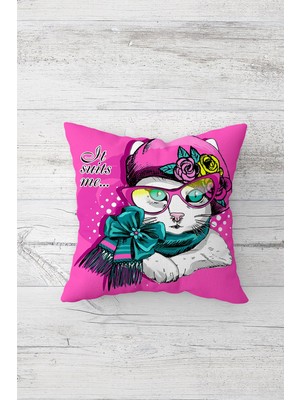 Pelangi Süslü Sevimli Kedi Desenli Çift Tarafı Baskılı Gizli Fermuarlı Yastık Kılıfı Kırlent Yastık Kılıfı