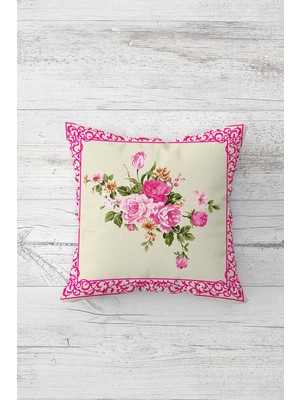 Pelangi Pembe Gül Desenli Çift Tarafı Baskılı Gizli Fermuarlı Yastık Kılıfı Kırlent Koltuk Yastık Kılıfı