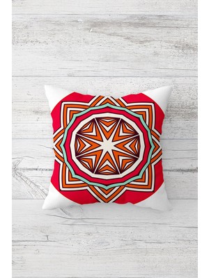 Pelangi Kırmızı Beyaz Desen Mandala Çift Tarafı Baskılı Gizli Fermuarlı Yastık Kılıfı Kırlent Yastık Kılıfı