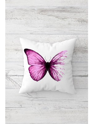 Pelangi Pembe Kelebek Desenli Çift Tarafı Baskılı Gizli Fermuarlı Yastık Kılıfı Kırlent Koltuk Yastık Kılıfı