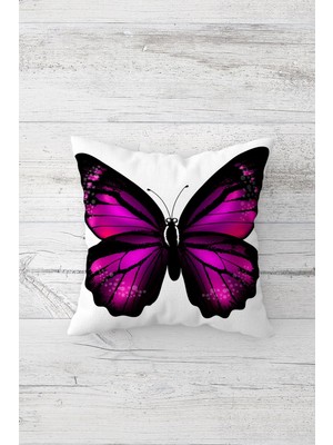 Pelangi Mor Kelebek Desenli Çift Tarafı Baskılı Gizli Fermuarlı Yastık Kılıfı Kırlent Koltuk Yastık Kılıfı