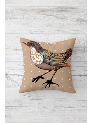 Pelangi Bej Zemin Kuş Temalı Çift Tarafı Baskılı Gizli Fermuarlı Yastık Kılıfı Kırlent Koltuk Yastık Kılıfı