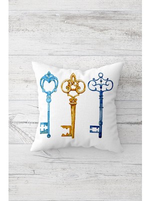 Pelangi Anahtar Desenli Çift Tarafı Baskılı Gizli Fermuarlı Yastık Kılıfı Kırlent Koltuk Yastık Kılıfı