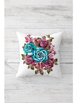 Pelangi Pembe Turkuaz Gül Desen Çift Tarafı Baskılı Gizli Fermuarlı Yastık Kılıfı Kırlent Yastık Kılıfı