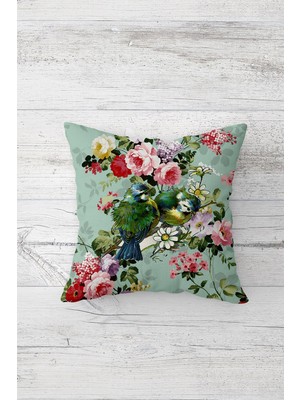 Pelangi Vintage Mint Kuş ve Çiçek Çift Tarafı Baskılı Gizli Fermuarlı Yastık Kılıfı Kırlent Yastık Kılıfı