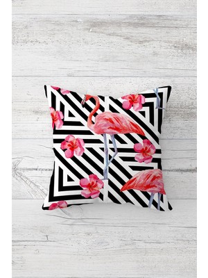 Pelangi Geometrik Zemin Flamingo Çift Tarafı Baskılı Gizli Fermuarlı Yastık Kılıfı Kırlent Yastık Kılıfı