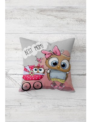 Pelangi Baykuş Best Mom Çift Tarafı Baskılı Gizli Fermuarlı Yastık Kılıfı Kırlent Koltuk Yastık Kılıfı