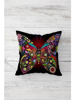 Pelangi Kelebek Desenli Çift Tarafı Baskılı Gizli Fermuarlı Yastık Kılıfı Kırlent Koltuk Yastık Kılıfı