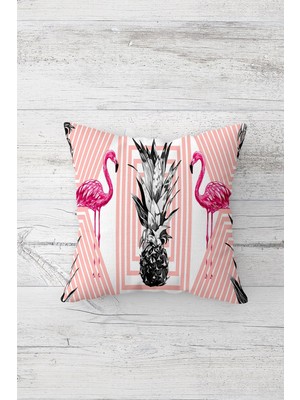 Pelangi Ananas ve Flamingo Çizgili Çift Tarafı Baskılı Gizli Fermuarlı Yastık Kılıfı Kırlent Yastık Kılıfı