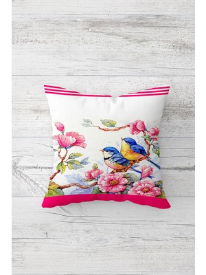 Pelangi Çiçek Dalında Kuşlar Çift Tarafı Baskılı Gizli Fermuarlı Yastık Kılıfı Kırlent Koltuk Yastık Kılıfı