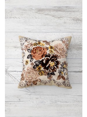 Pelangi Vintage Kahve Tonlu Çiçekli Çift Tarafı Baskılı Gizli Fermuar Dekoratif Kırlent Koltuk Yastık Kılıfı