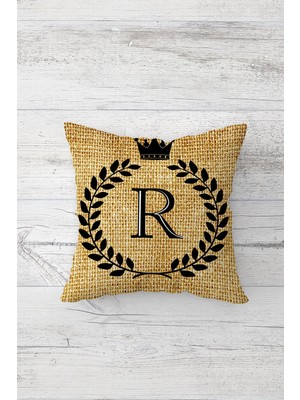 Pelangi R Harfi Yaprak Desen Çift Tarafı Baskılı Gizli Fermuarlı Yastık Kılıfı Kırlent Koltuk Yastık Kılıfı