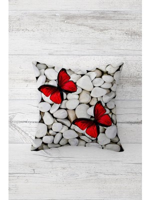 Pelangi Çakıl Taşları ve Kırmızı Kelebekler Çift Tarafı Baskılı Gizli Fermuarlı Kırlent Koltuk Yastık Kılıfı