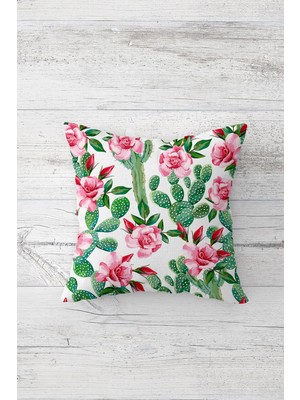 Pelangi Kaktüs ve Çiçek Desenli Çift Tarafı Baskı Gizli Fermuarlı Yastık Kılıfı Kırlent Koltuk Yastık Kılıfı