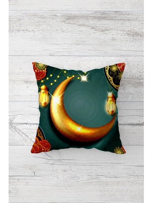 Pelangi Ay Desenli Ramazan Temalı Çift Tarafı Baskılı Gizli Fermuarlı Yastık Kılıfı Kırlent Yastık Kılıfı