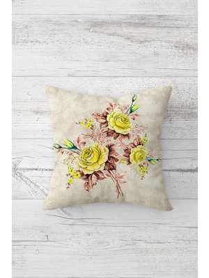 Pelangi Vintage Sarı Gül Buketi Çift Taraflı Gizli Fermuarlı Yastık Kılıfı Kırlent Koltuk Yastık Kılıfı