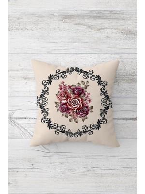 Pelangi Vizon Vintage Çemberde Gül Buketi Çift Taraflı Gizli Fermuarlı Yastık Kırlent Koltuk Yastık Kılıfı