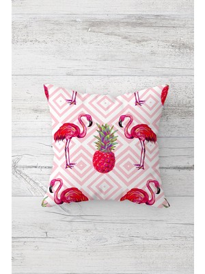 Pelangi Pembe Filamingolu Ananslı Çift Taraflı Gizli Fermuarlı Yastık Kılıfı Kırlent Koltuk Yastık Kılıfı