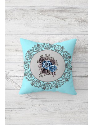 Pelangi Turkuaz Vintage Desen Çift Tarafı Baskılı Gizli Fermuarlı Yastık Kılıfı Kırlent Koltuk Yastık Kılıfı