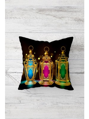 Pelangi Mavi Pembe Yeşil Fener Ramazan Tema Çift Tarafı Baskılı Gizli Fermuarkırlent Yastık Kılıfı