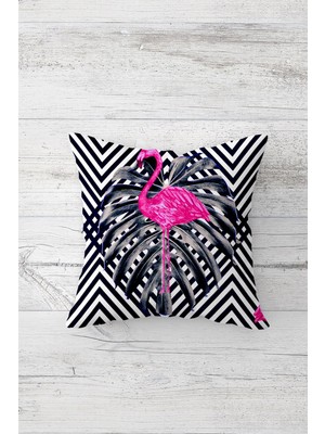 Pelangi Siyah Yaprak Üzeri Flamingo Çift Tarafı Baskılı Gizli Fermuarlı Yastık Kılıfı Kırlent Yastık Kılıfı